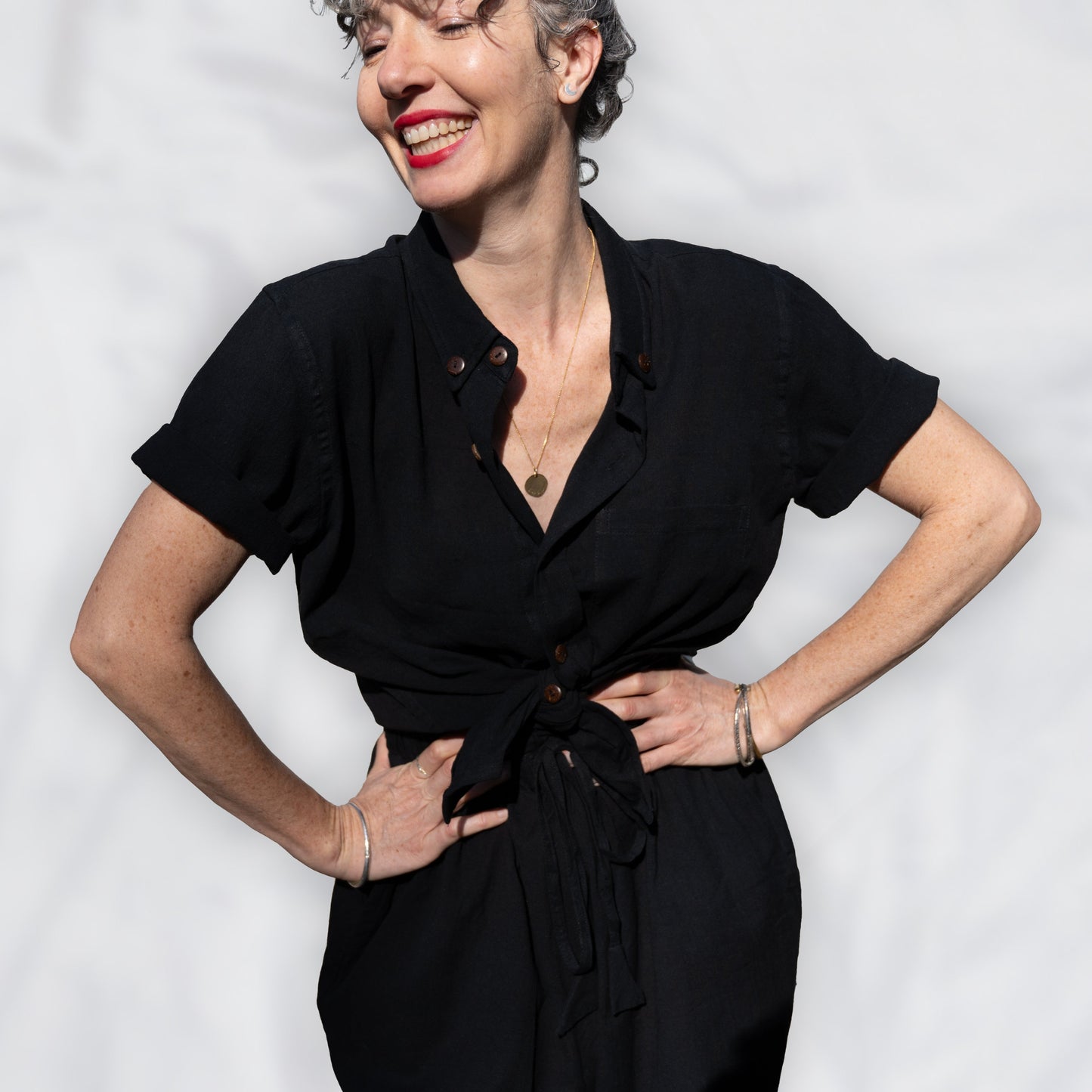 Krishna Button-Up Top, black & white pinstripes