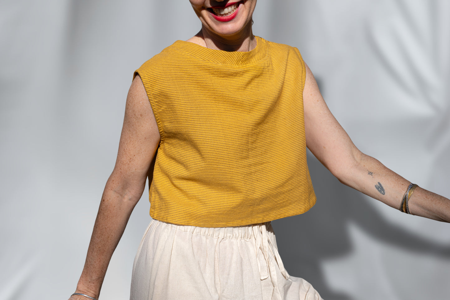 Aarti Reversible Top/Vest, mustard yellow pin stripes