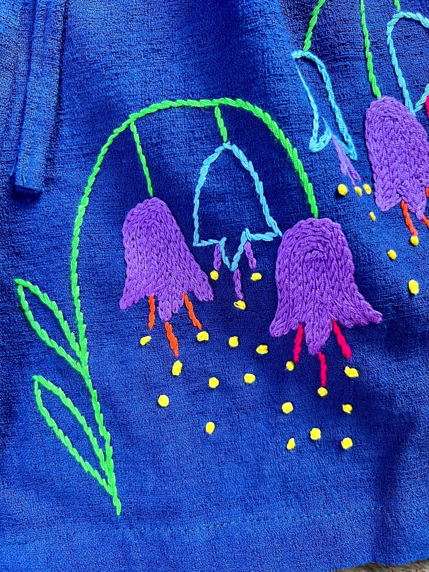Hand Embroidered Shorts, Blue Nodding Flowers - Small World Goods