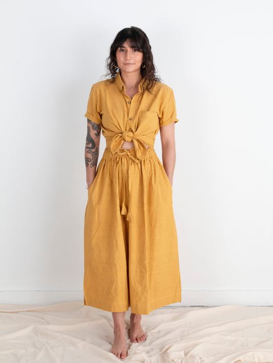 Krishna Button-Up Top, mustard pinstripes