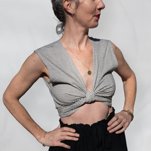 Simran Reversible Wrap Top, black & white pinstripe