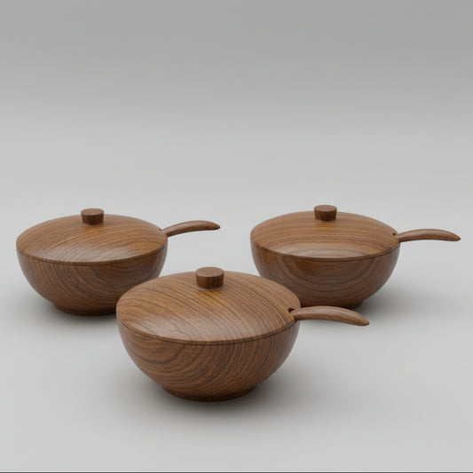 Three handmade teak wood pots with lids and spoons