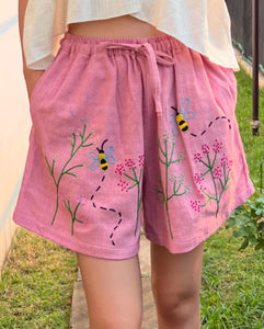 Hand Embroidered Shorts, Bumble Bees, Pink