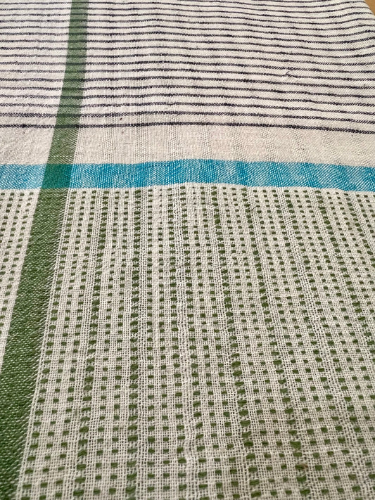 Handloomed Cotton Scarf, white & turquoise/green/grey