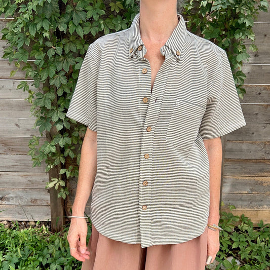 Krishna Button-Up Top, black & white pinstripes