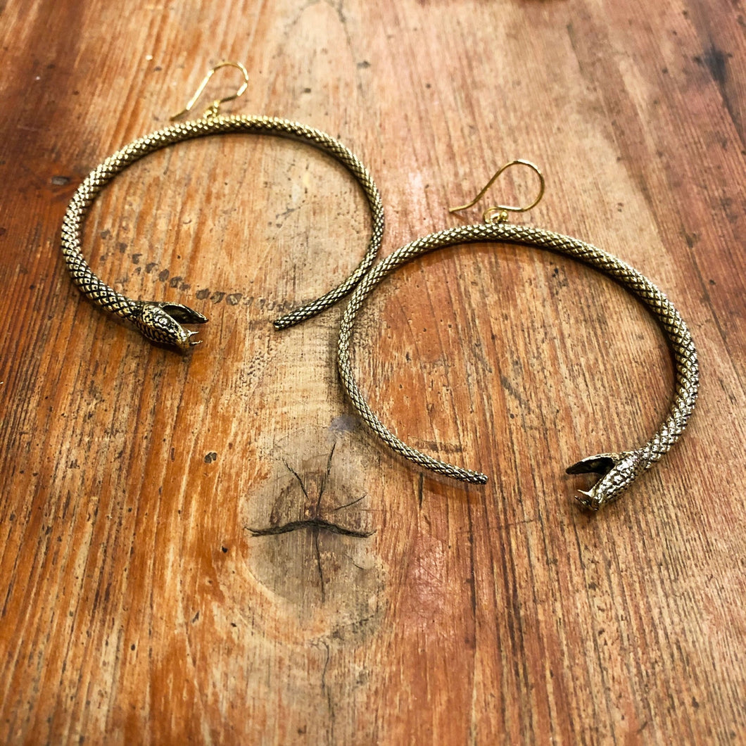 Brass Snake Hoop Earrings - Small World Goods