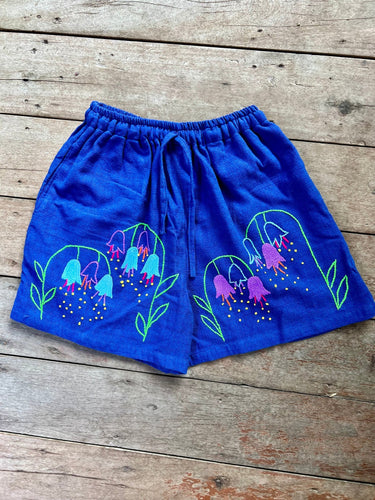 Hand Embroidered Shorts, Blue Nodding Flowers - Small World Goods