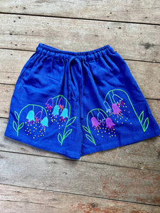 Hand Embroidered Shorts, Blue Nodding Flowers - Small World Goods