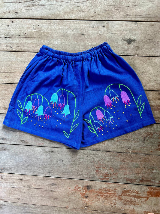 Hand Embroidered Shorts, Blue Nodding Flowers - Small World Goods