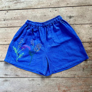 Hand Embroidered Shorts, Blue Standing Flowers - Small World Goods