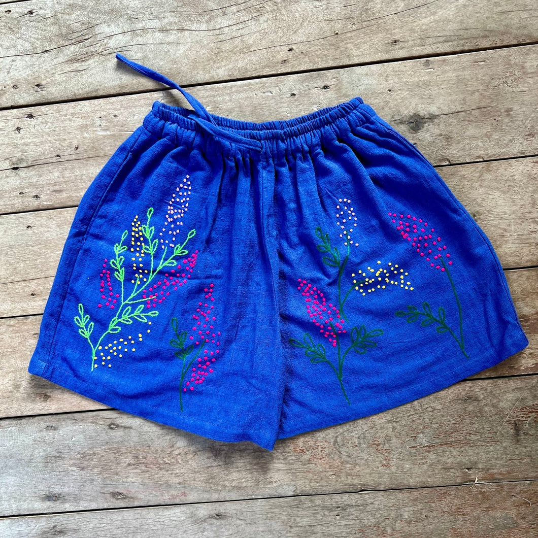 Hand Embroidered Shorts, Blue Standing Flowers - Small World Goods