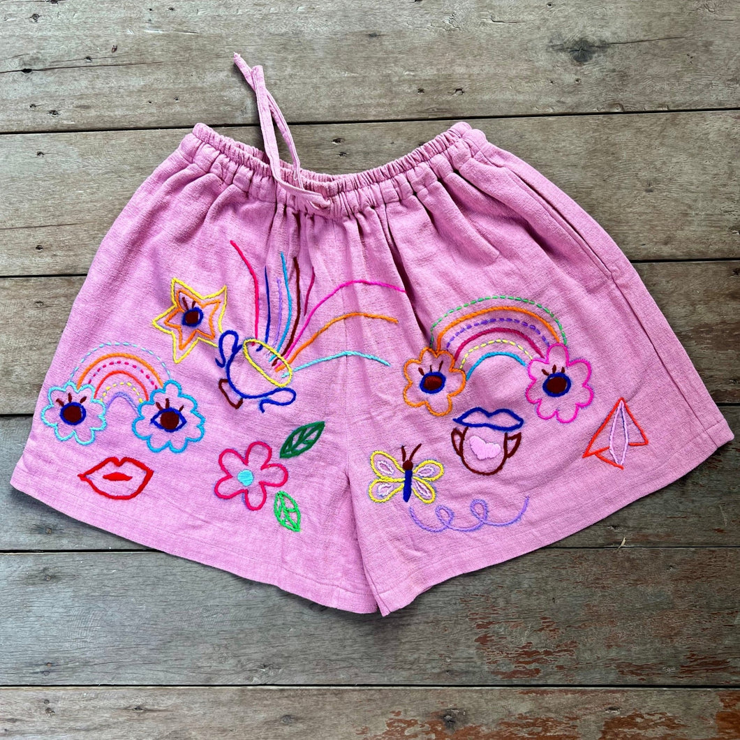 Hand Embroidered Shorts, Pink - Small World Goods