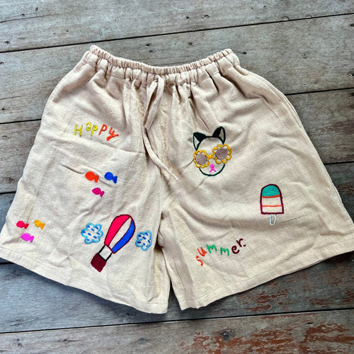 Hand Embroidered Shorts, Tan - Small World Goods