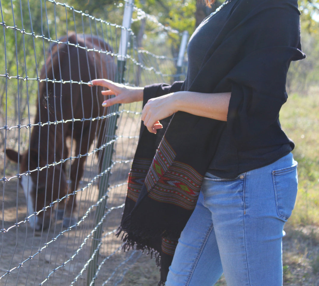 Hand Loomed Kullu Wool Scarf - Wide Border Black - Small World Goods