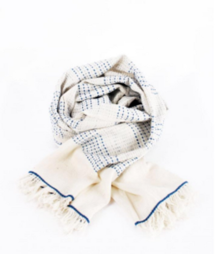 Handloomed Cotton Scarf, white & blue