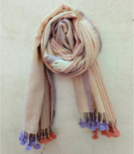 Load image into Gallery viewer, Handloomed Cotton Scarf, purple &amp; peach