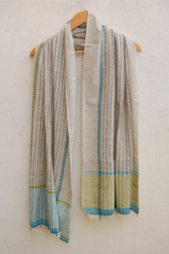 Handloomed Cotton Scarf, white & turquoise/green/grey