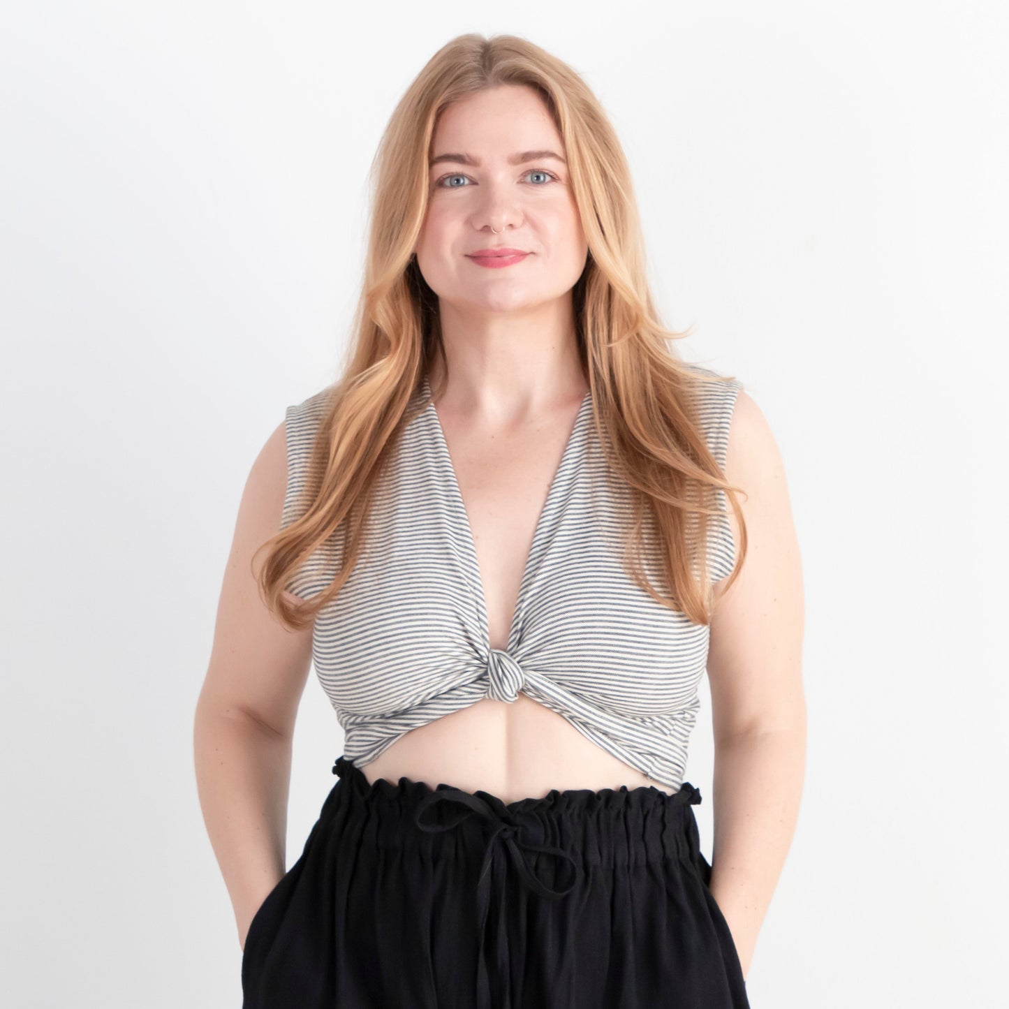 Simran Reversible Wrap Top, black & white pinstripe