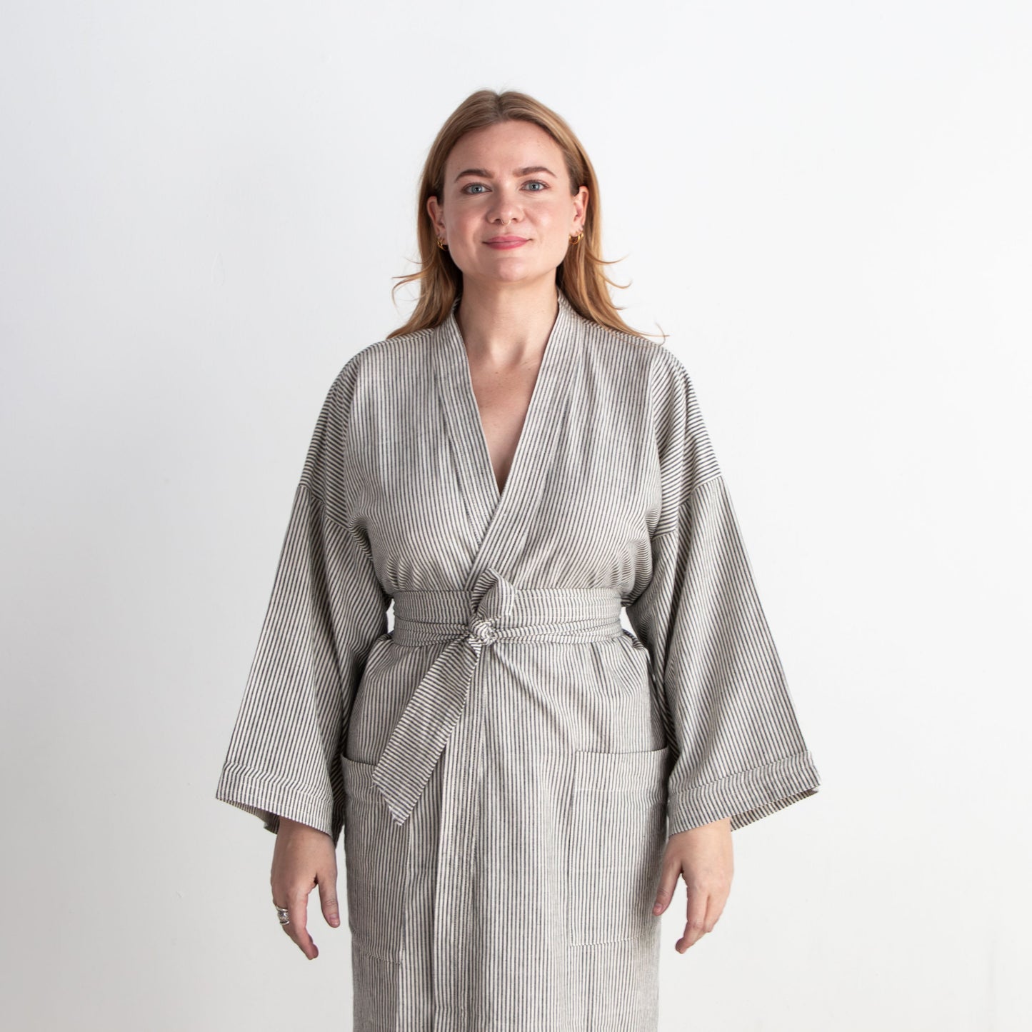 Gita Robe/ Wrap Dress, black & white pinstripes