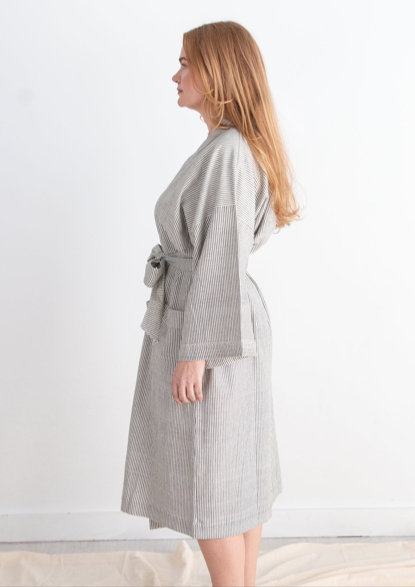 Gita Robe/ Wrap Dress, black & white pinstripes