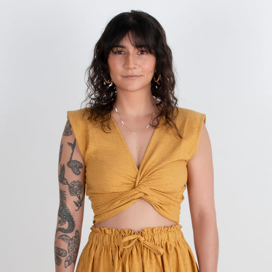 Simran Reversible Wrap Top, mustard pinstripe
