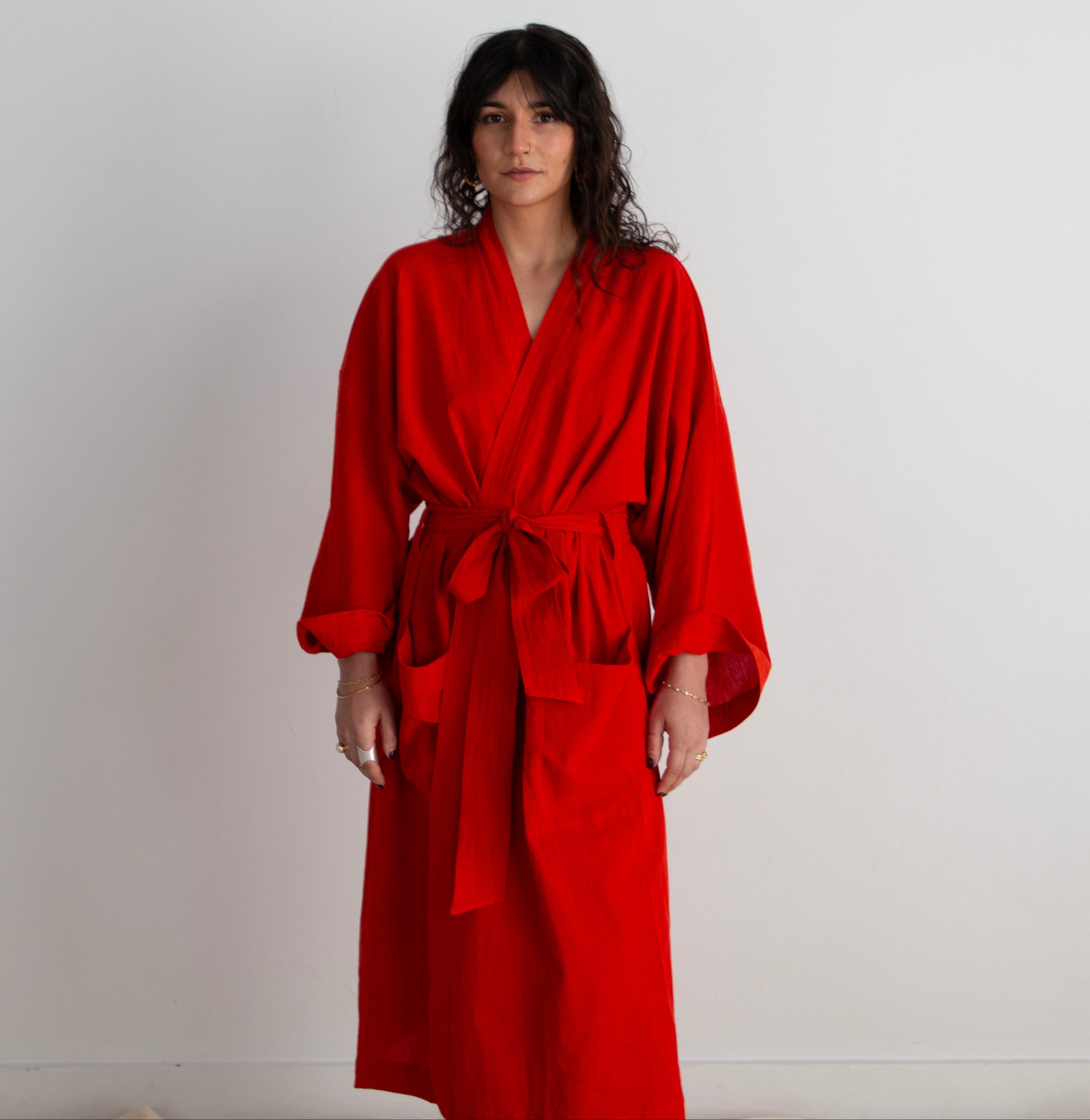 red silk robe dress Satin Robe for Women Luxury Kimiono with Feather Sleeves XS/S / Red