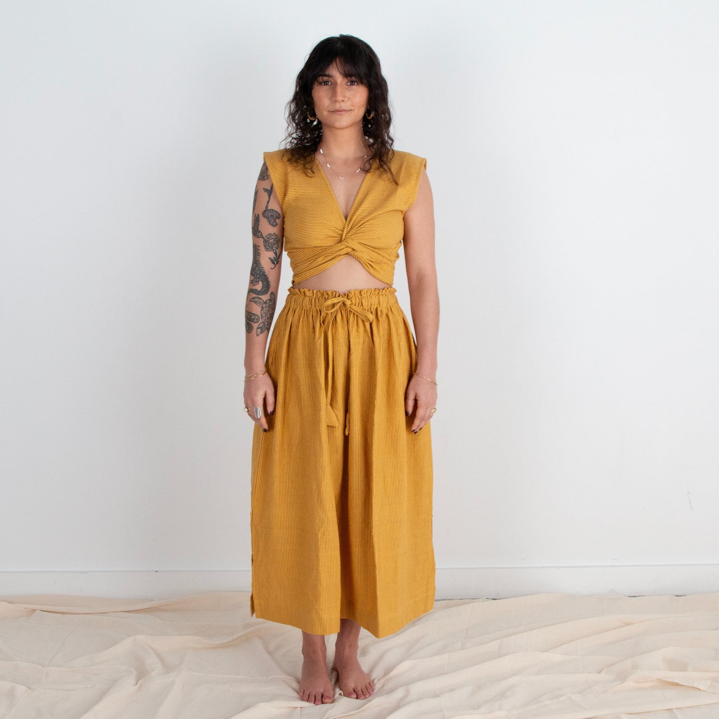 Simran Reversible Wrap Top, mustard pinstripe
