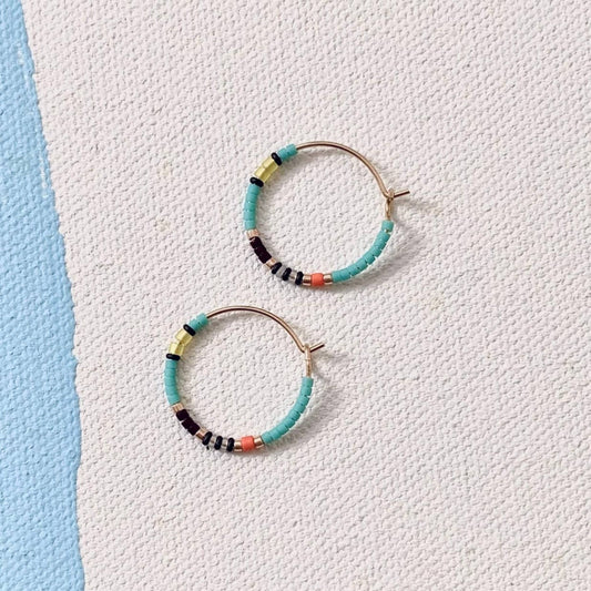 Little Beaded Hoop Earrings, Bright Aqua - Small World Goods