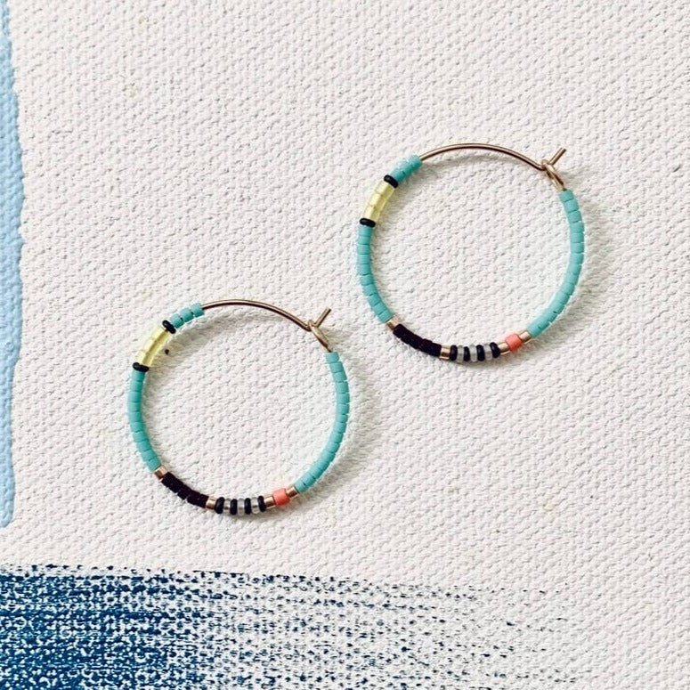 Midi Beaded Hoop Earrings, Bright Aqua - Small World Goods