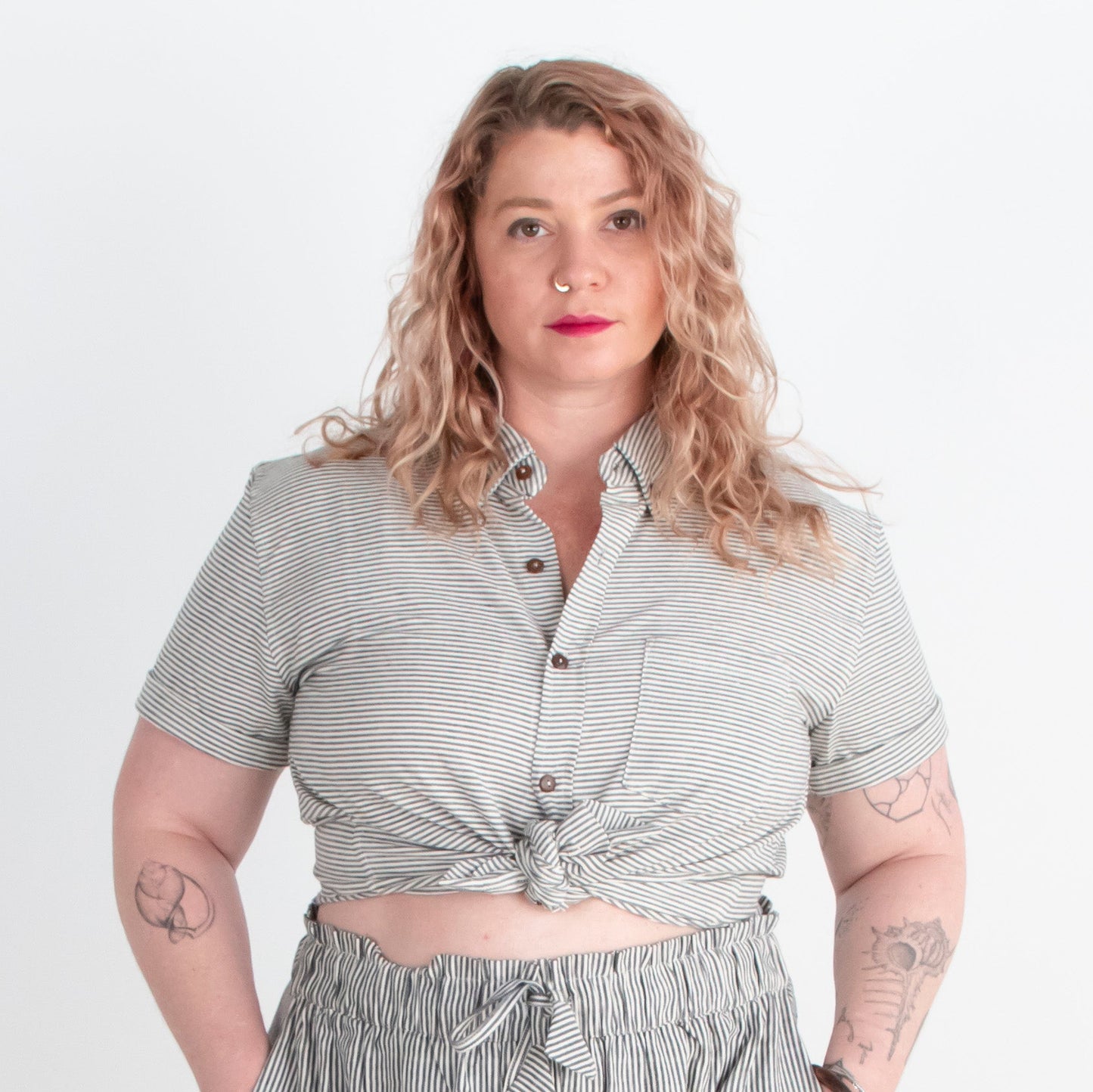 Krishna Button-Up Top, black & white pinstripes