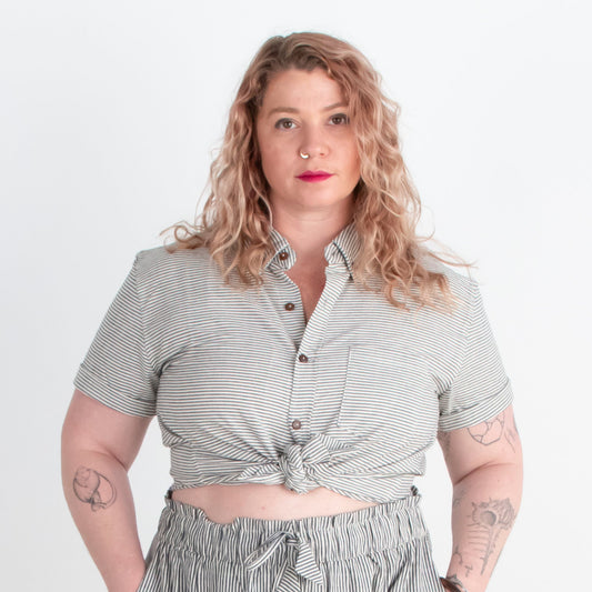 Krishna Button-Up Top, black & white pinstripes