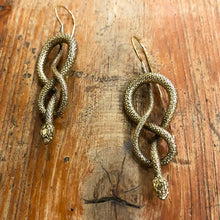 Load image into Gallery viewer, Hanging Brass Snake Earrings