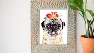 Pug with Flower Crown Print
